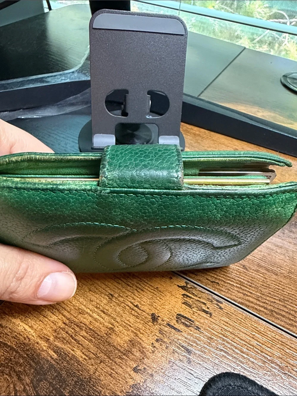 CHANEL Green Quilted CC Leather Wallet